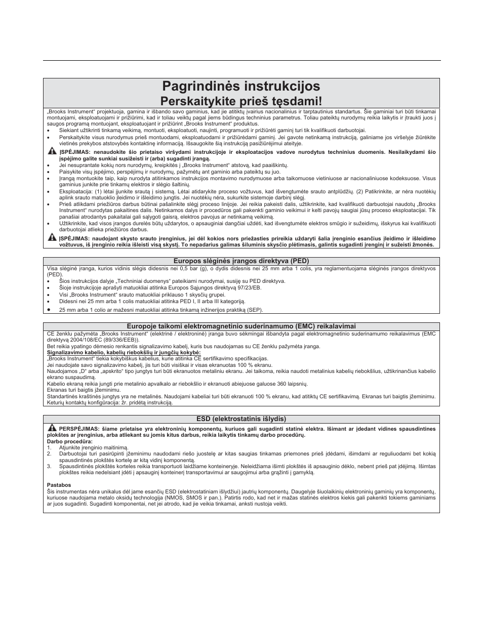 Pagrindinơs instrukcijos, Perskaitykite prieš tċsdami, Brooks | Cmc series | Brooks Instrument CMC Series User Manual | Page 27 / 36