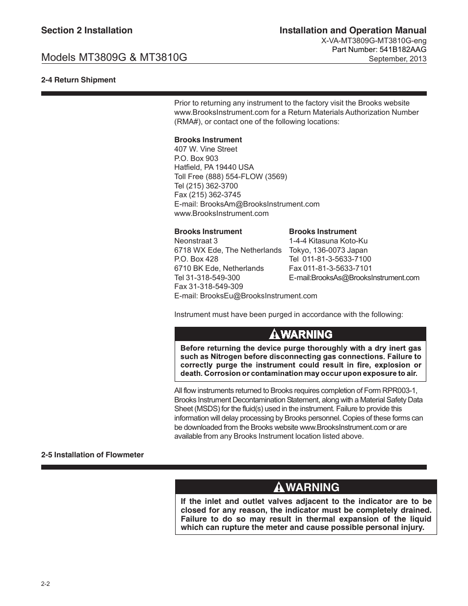 Warning | Brooks Instrument MT3809G User Manual | Page 32 / 78