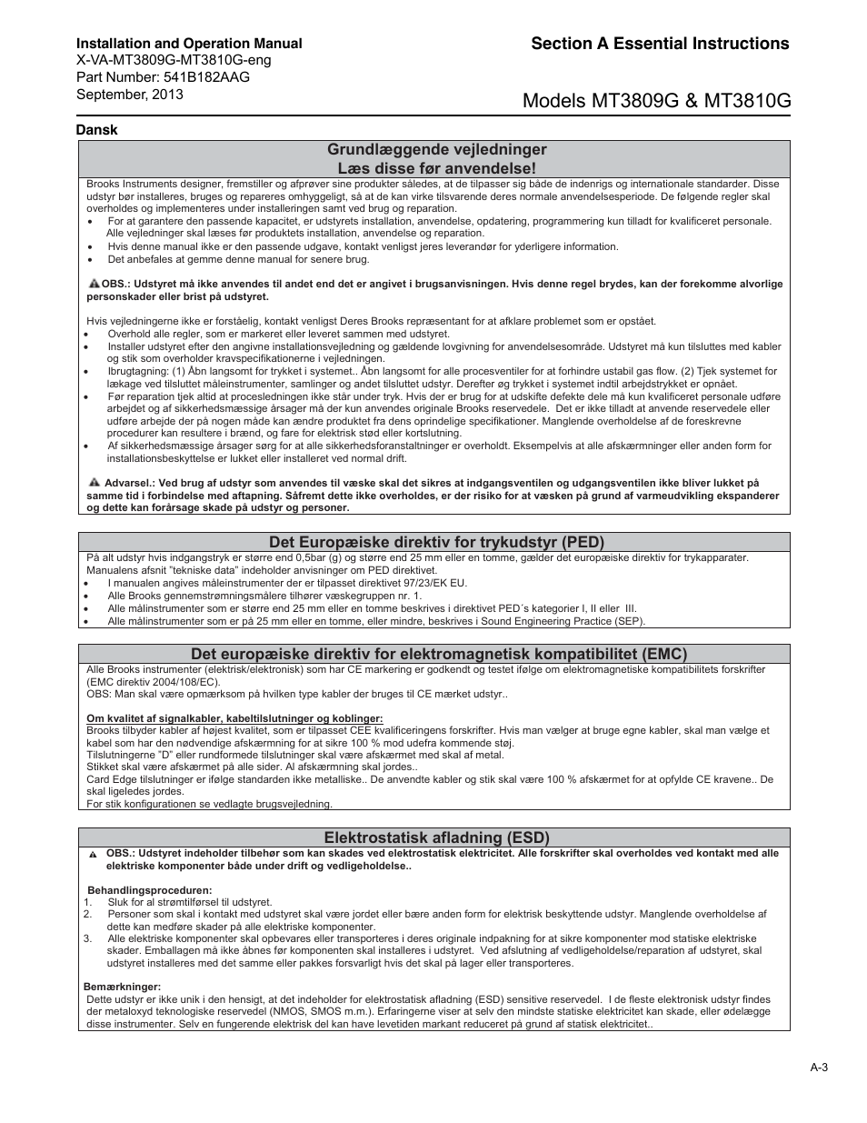 Grundlæggende vejledninger, Læs disse før anvendelse, Det europæiske direktiv for trykudstyr (ped) | Elektrostatisk afladning (esd) | Brooks Instrument MT3809G User Manual | Page 59 / 78