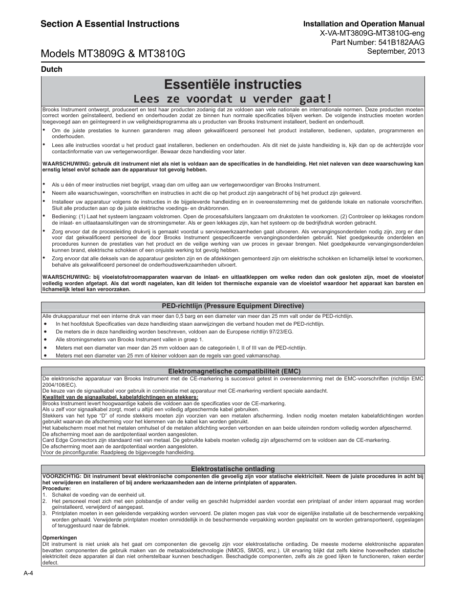 Essentiële instructies, Lees ze voordat u verder gaat | Brooks Instrument MT3809G User Manual | Page 60 / 78