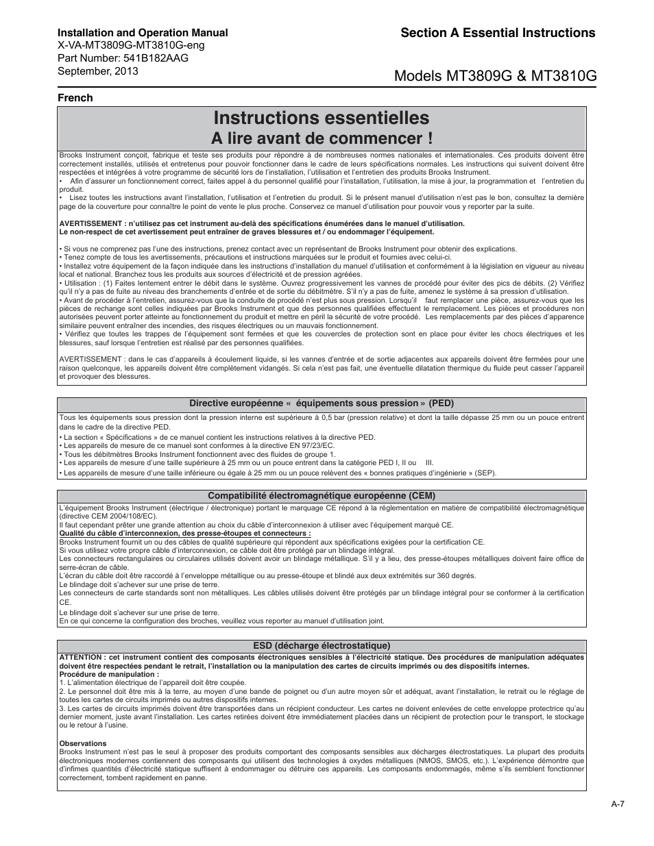 Instructions essentielles, A lire avant de commencer | Brooks Instrument MT3809G User Manual | Page 63 / 78