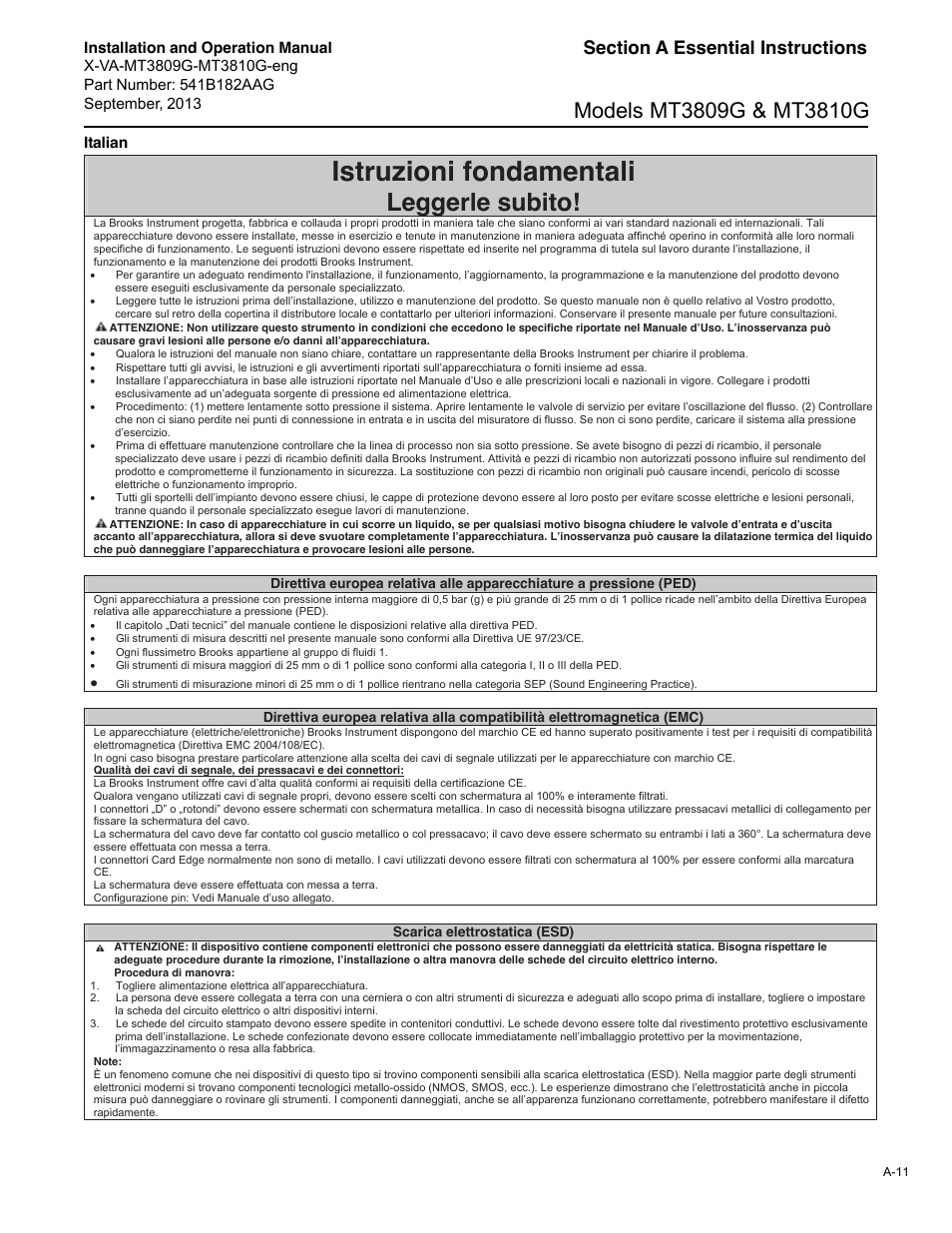 Istruzioni fondamentali, Leggerle subito | Brooks Instrument MT3809G User Manual | Page 67 / 78