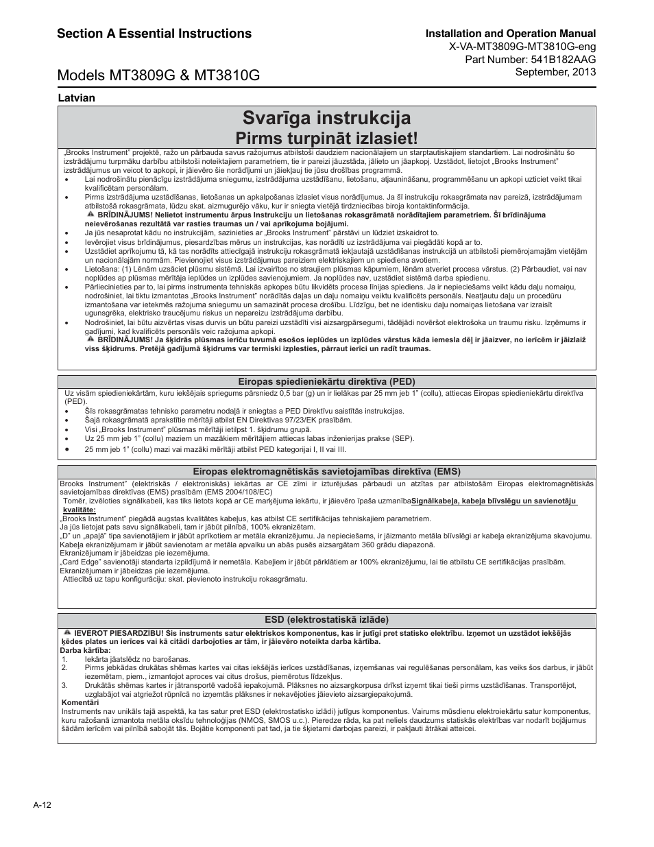 Svar ga instrukcija, Pirms turpin t izlasiet | Brooks Instrument MT3809G User Manual | Page 68 / 78