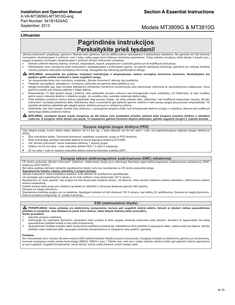 Pagrindin s instrukcijos, Perskaitykite prieš t sdami | Brooks Instrument MT3809G User Manual | Page 69 / 78
