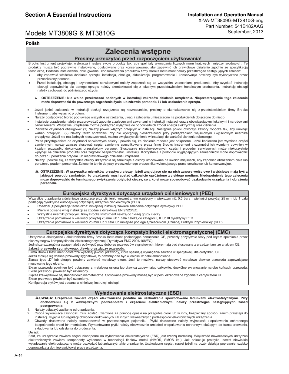 Zalecenia wst pne, Prosimy przeczyta przed rozpocz ciem u ytkowania, Wy adowania elektrostatyczne (esd) | Brooks Instrument MT3809G User Manual | Page 70 / 78