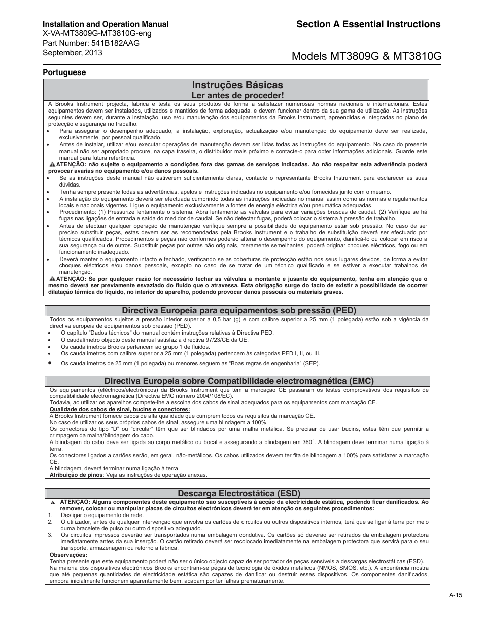 Instruções básicas, Ler antes de proceder, Descarga electrostática (esd) | Brooks Instrument MT3809G User Manual | Page 71 / 78