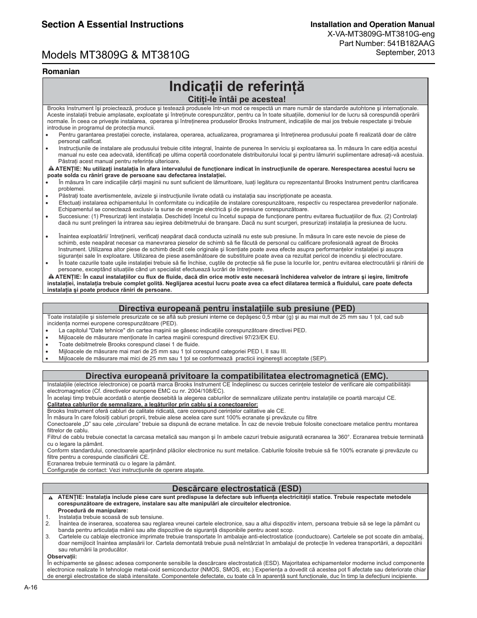 Indica ii de referin, Citi i-le întâi pe acestea, Desc rcare electrostatic (esd) | Brooks Instrument MT3809G User Manual | Page 72 / 78