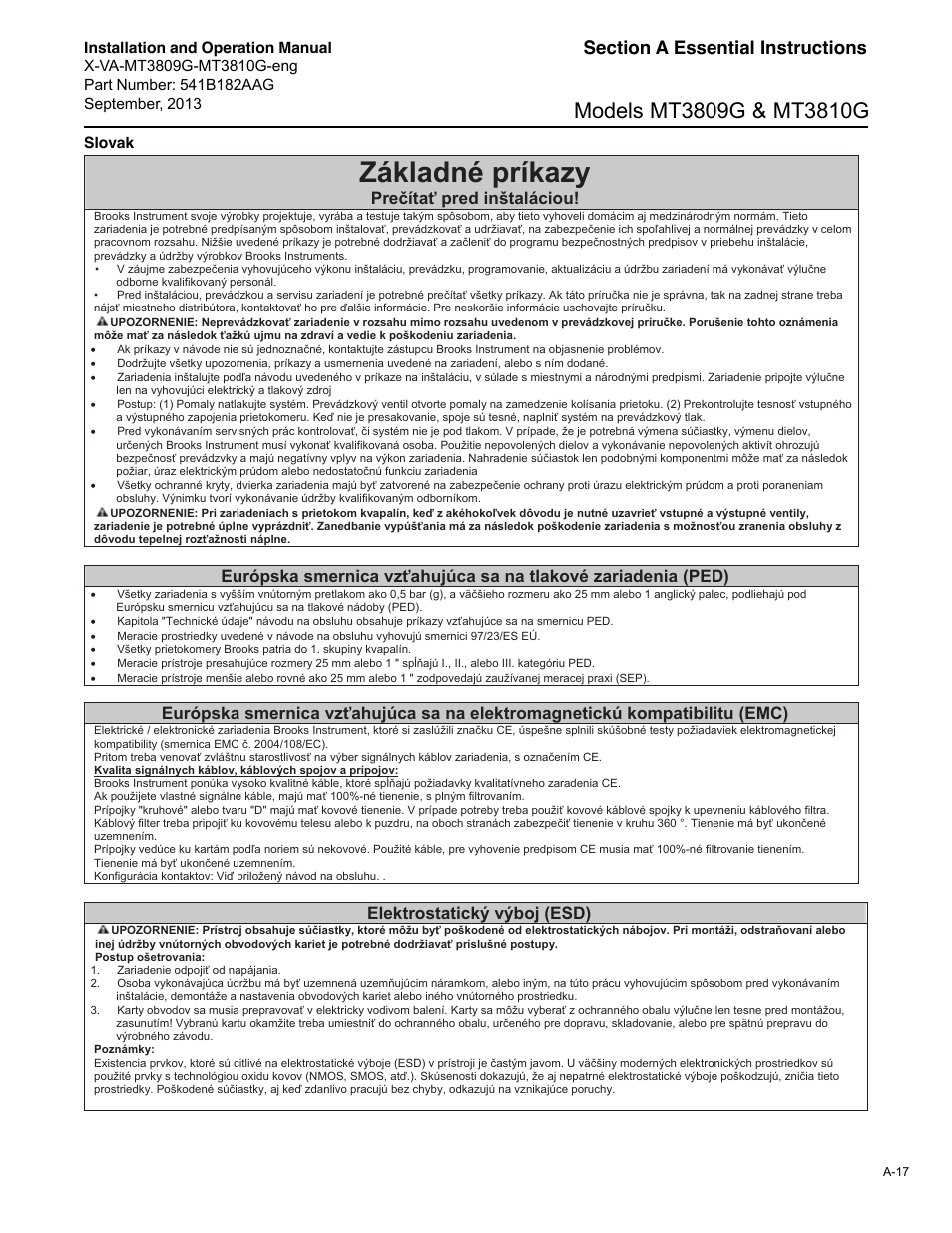 Základné príkazy, Pre íta pred inštaláciou, Elektrostatický výboj (esd) | Brooks Instrument MT3809G User Manual | Page 73 / 78