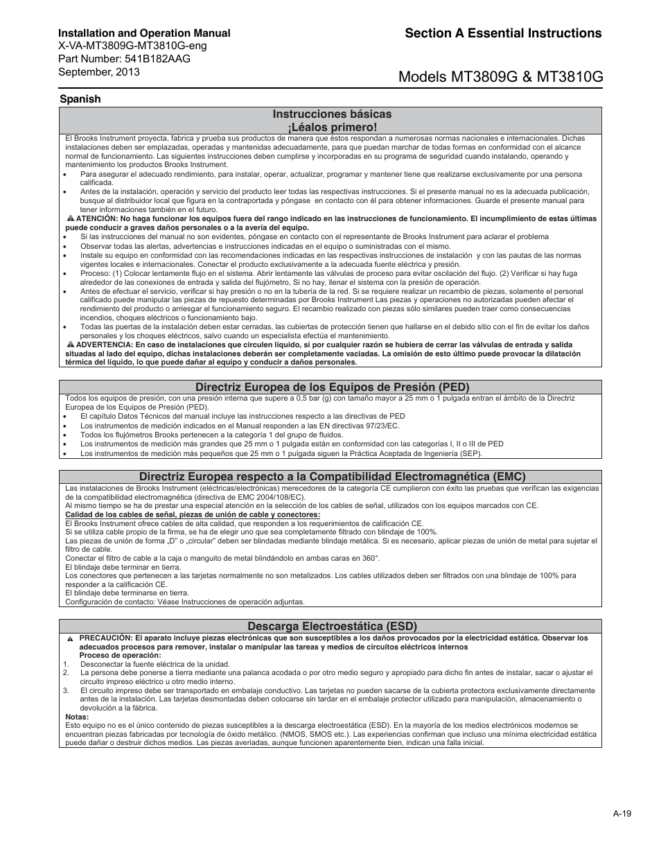 Instrucciones básicas ¡léalos primero, Directriz europea de los equipos de presión (ped), Descarga electroestática (esd) | Spanish | Brooks Instrument MT3809G User Manual | Page 75 / 78