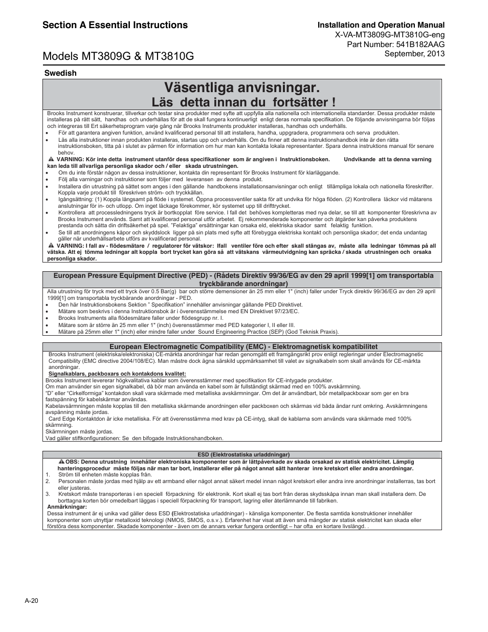 Väsentliga anvisningar, Läs detta innan du fortsätter, Swedish | Brooks Instrument MT3809G User Manual | Page 76 / 78