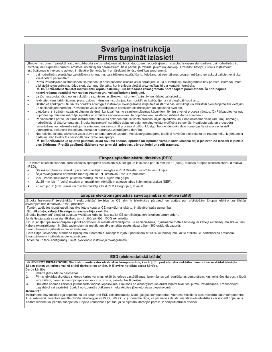 Svarưga instrukcija, Pirms turpinɨt izlasiet, Installation and operation manual | Brooks Instrument 3600 Series User Manual | Page 46 / 56