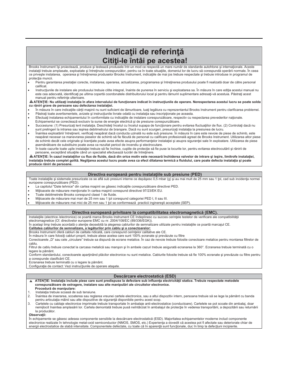 Indicaġii de referinġă, Citiġi-le întâi pe acestea, Installation and operation manual | Brooks Instrument 3600 Series User Manual | Page 50 / 56
