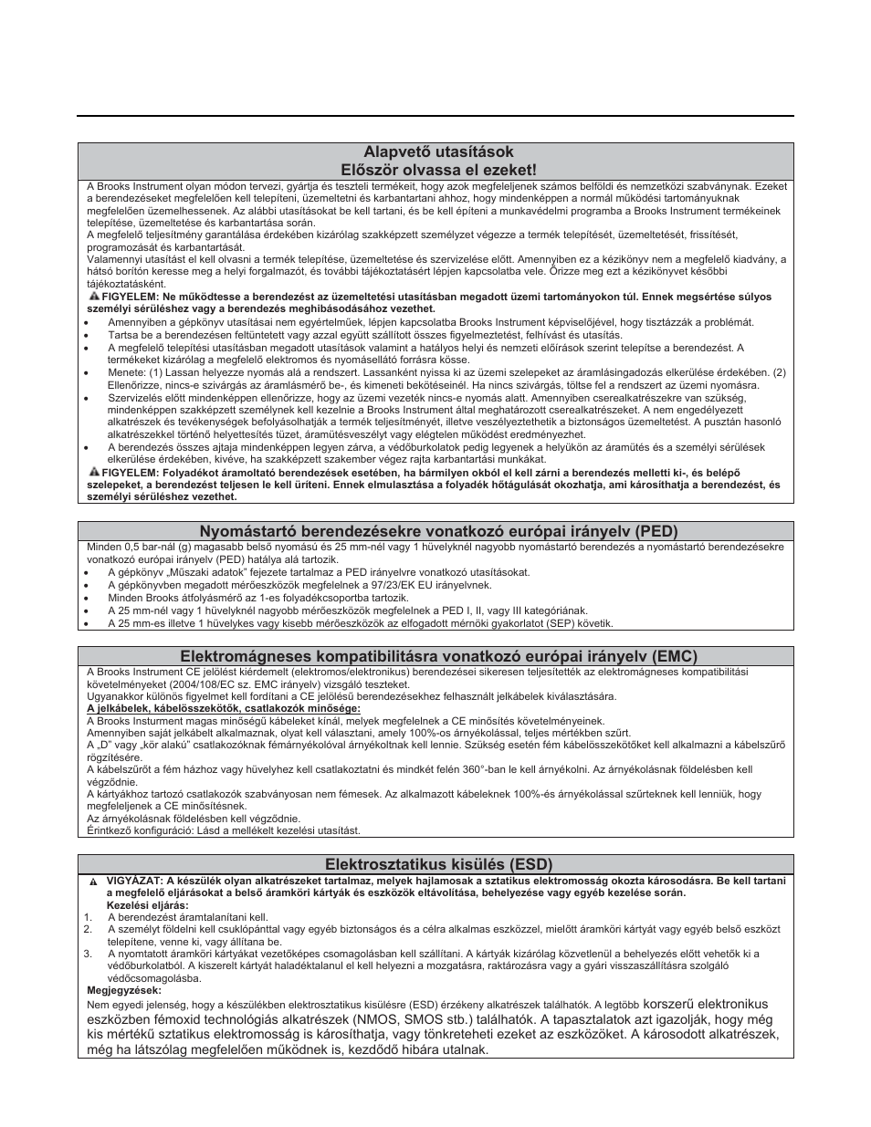 Brooks, Ar-mite, Mt3750c | Installation and operation manual, Alapvetę utasítások, Elęször olvassa el ezeket, Elektrosztatikus kisülés (esd) | Brooks Instrument 3750 User Manual | Page 52 / 64