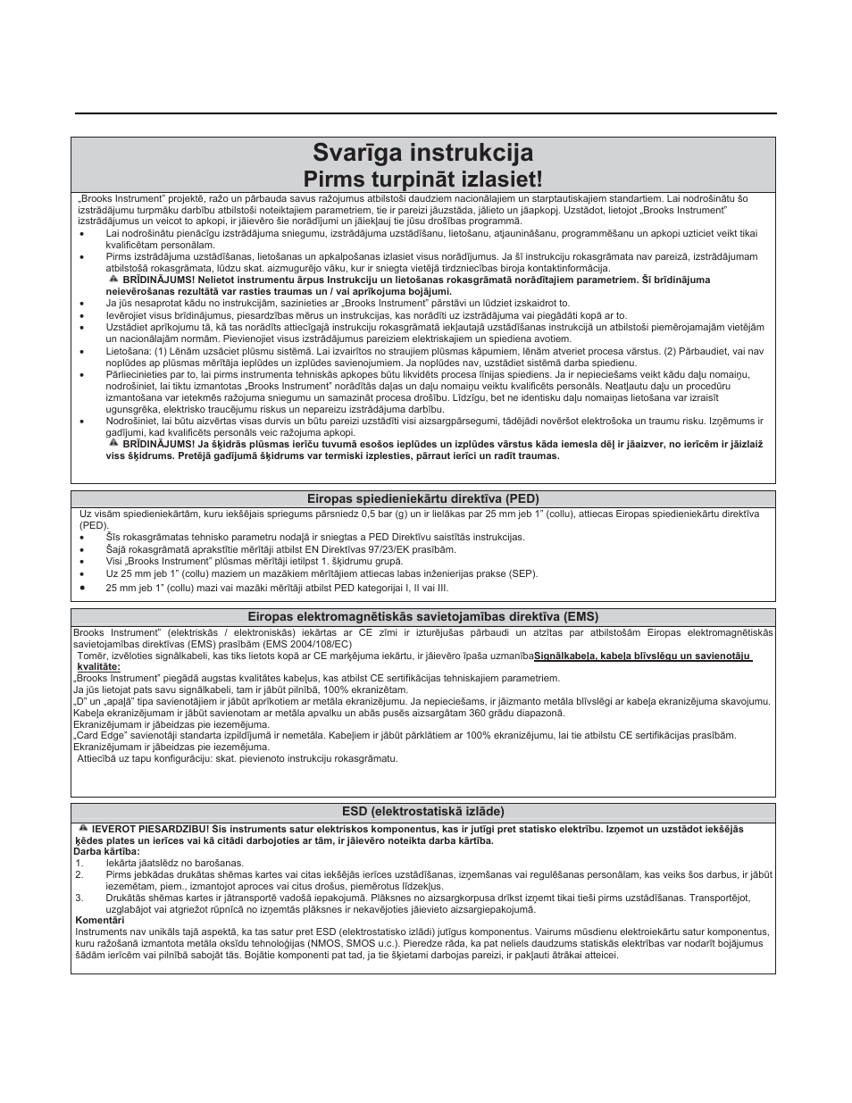 Svarưga instrukcija, Pirms turpinɨt izlasiet, Brooks | Ar-mite, Mt3750c, Installation and operation manual | Brooks Instrument 3750 User Manual | Page 54 / 64