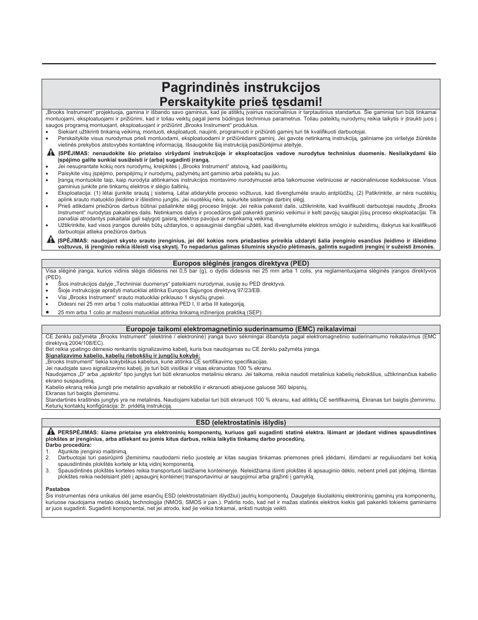 Pagrindinơs instrukcijos, Perskaitykite prieš tċsdami, Brooks | Ar-mite, Mt3750c | Brooks Instrument 3750 User Manual | Page 55 / 64