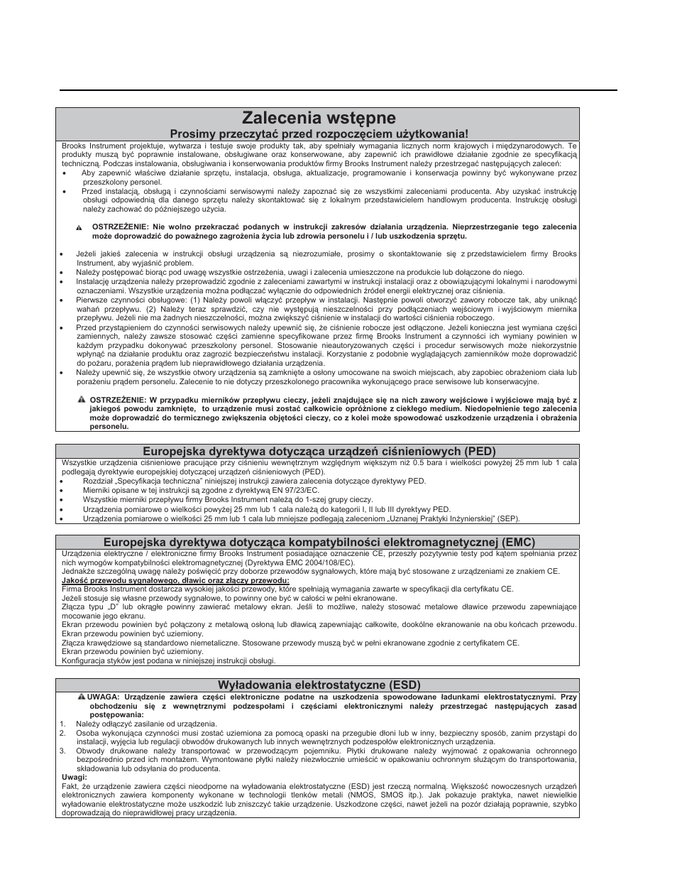 Zalecenia wstċpne, Brooks, Ar-mite | Mt3750c, Installation and operation manual, Prosimy przeczytaü przed rozpoczċciem uīytkowania, Wyáadowania elektrostatyczne (esd) | Brooks Instrument 3750 User Manual | Page 56 / 64