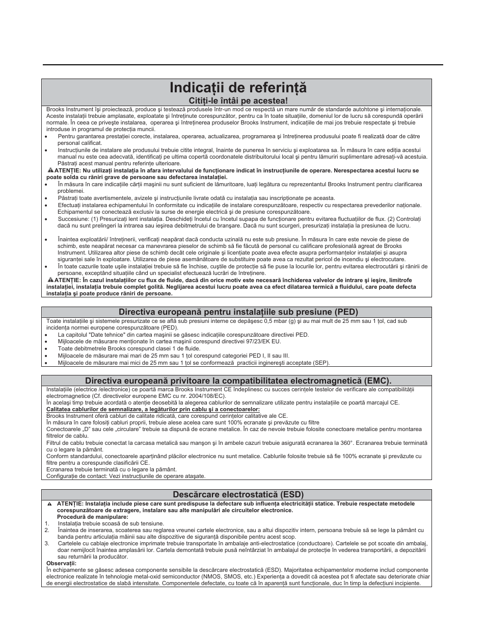 Indicaġii de referinġă, Brooks, Ar-mite | Mt3750c, Installation and operation manual, Citiġi-le întâi pe acestea, Descărcare electrostatică (esd) | Brooks Instrument 3750 User Manual | Page 58 / 64