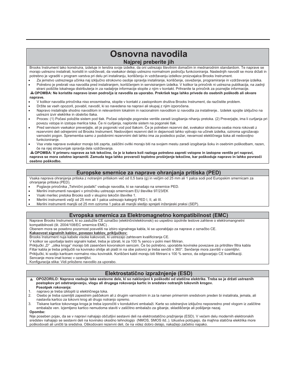 Osnovna navodila, Brooks, Ar-mite | Mt3750c, Installation and operation manual, Najprej preberite jih, Elektrostatiþno izpražnjenje (esd) | Brooks Instrument 3750 User Manual | Page 60 / 64