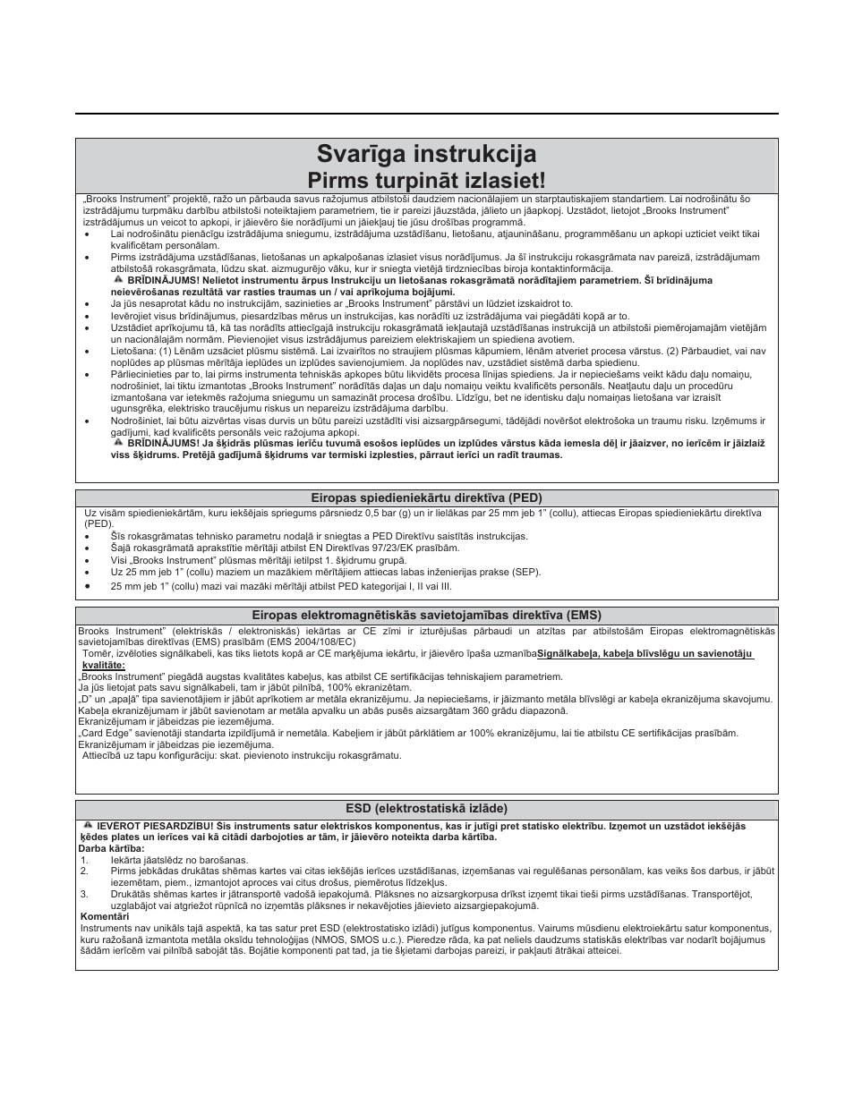 Svarưga instrukcija, Pirms turpinɨt izlasiet, Model gt1000 series | Installation and operation manual | Brooks Instrument GT1000 User Manual | Page 42 / 52