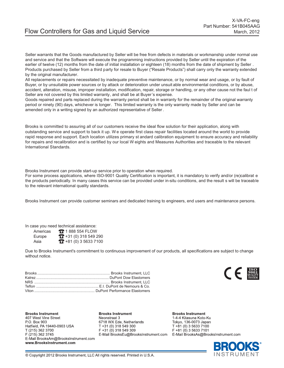 Flow controllers for gas and liquid service | Brooks Instrument FC8800 Series User Manual | Page 48 / 48