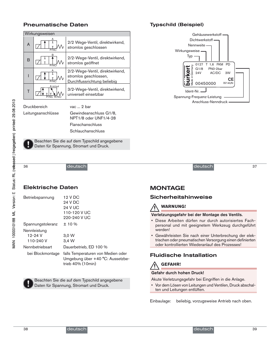 Montage, Pneumatische daten, Elektrische daten | Sicherheitshinweise, Fluidische installation | Burkert Type 0127 User Manual | Page 10 / 18