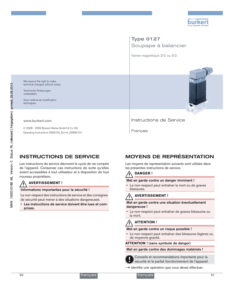 Type 0127, Soupape à balancier, Instructions de service | Moyens de représentation | Burkert Type 0127 User Manual | Page 13 / 18