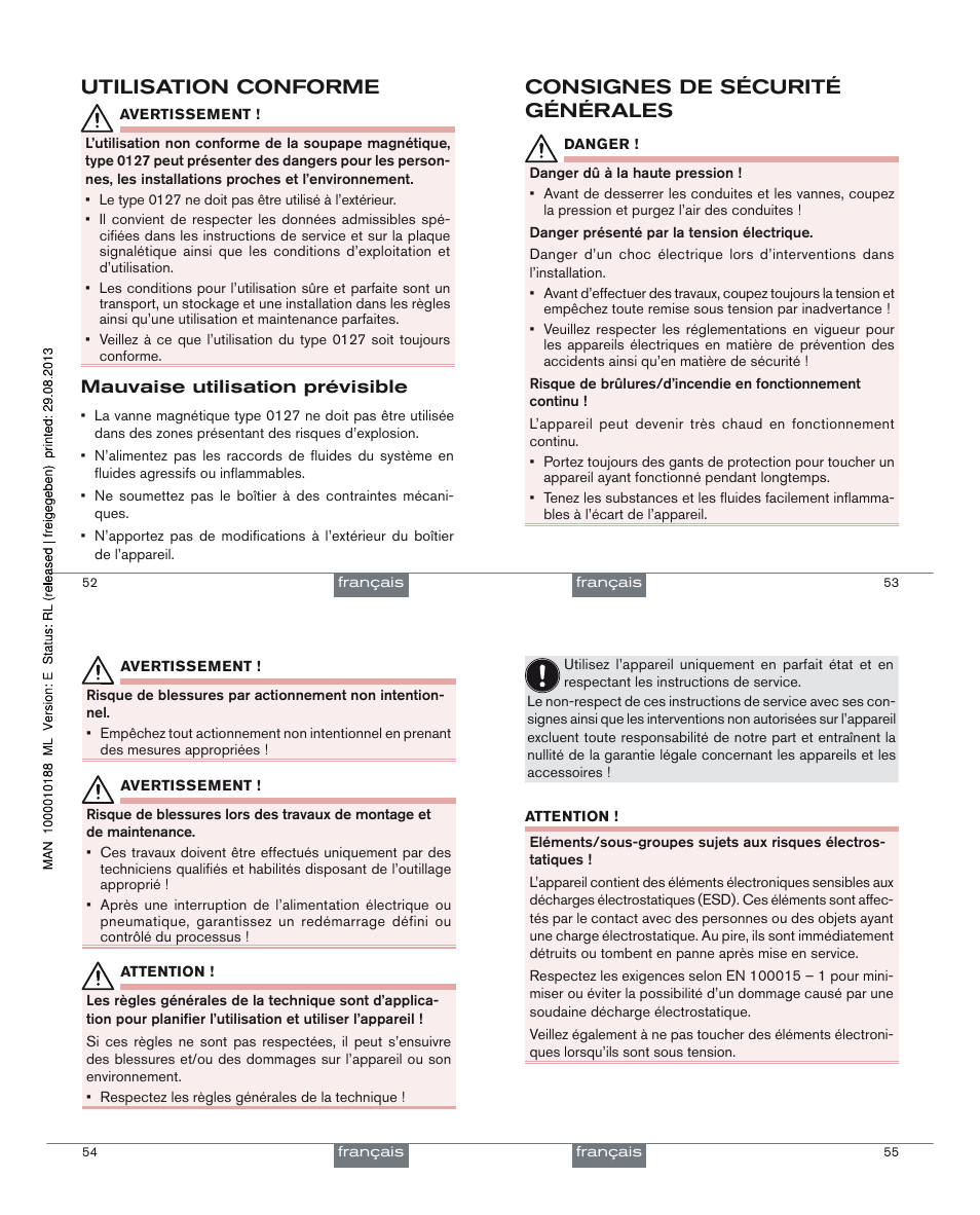 Utilisation conforme, Consignes de sécurité générales | Burkert Type 0127 User Manual | Page 14 / 18