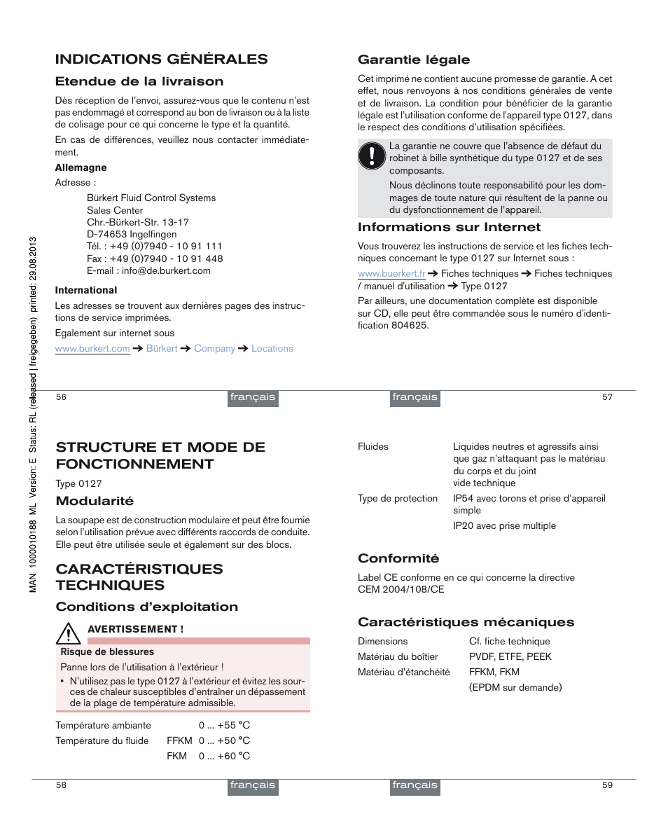 Indications générales, Structure et mode de fonctionnement, Caractéristiques techniques | Burkert Type 0127 User Manual | Page 15 / 18