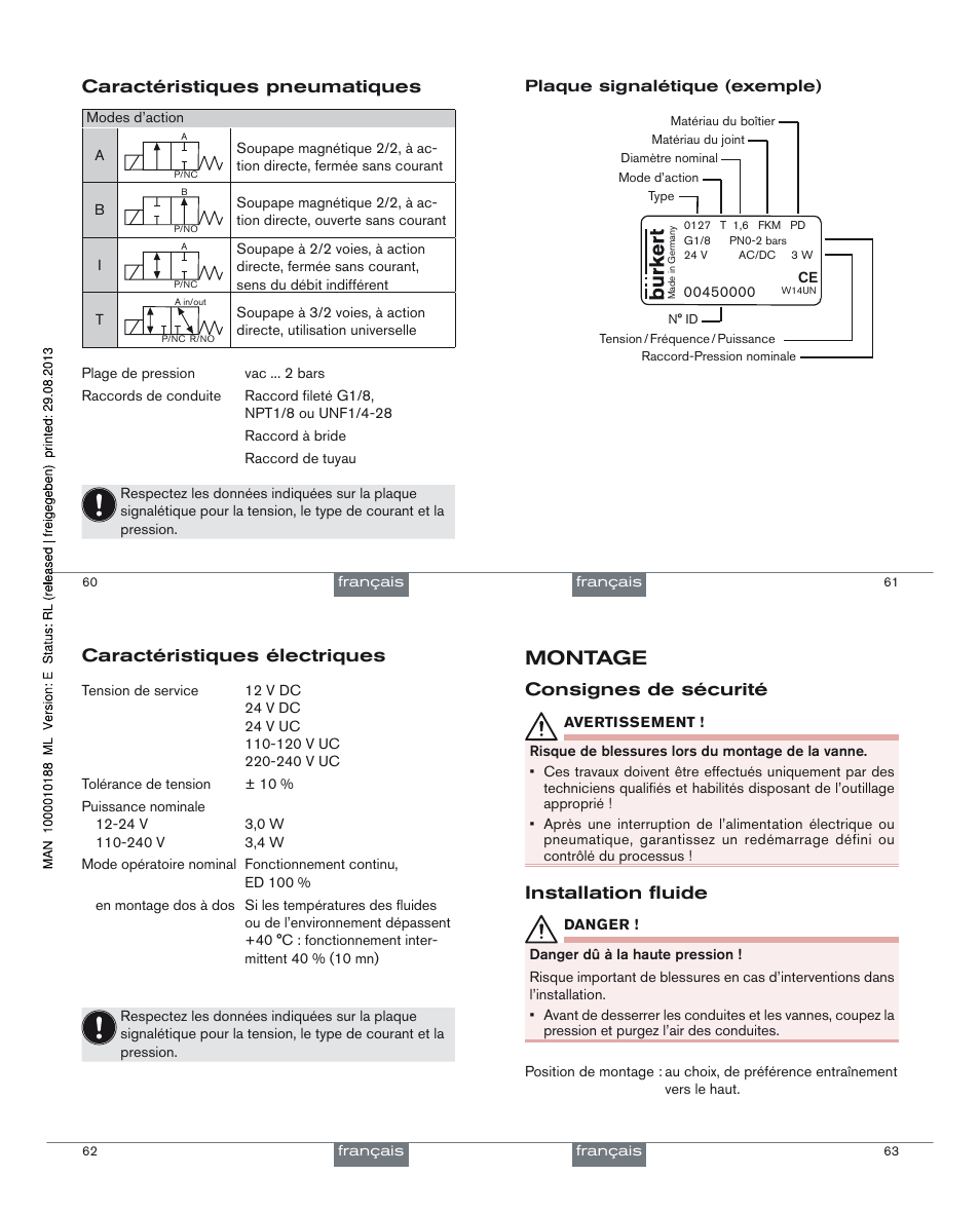 Montage, Caractéristiques pneumatiques, Caractéristiques électriques | Consignes de sécurité, Installation fluide | Burkert Type 0127 User Manual | Page 16 / 18