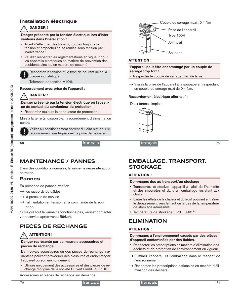 Maintenance / pannes, Pièces de rechange, Emballage, transport, stockage | Elimination | Burkert Type 0127 User Manual | Page 18 / 18