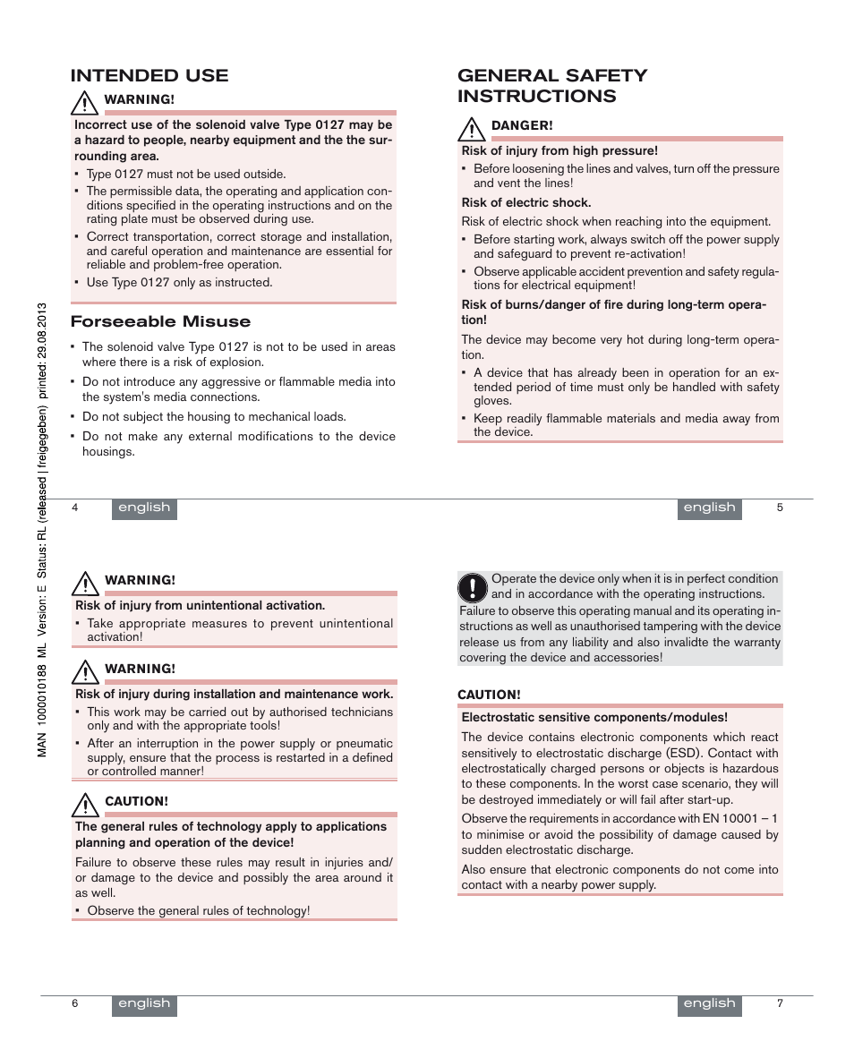 Intended use, General safety instructions | Burkert Type 0127 User Manual | Page 2 / 18