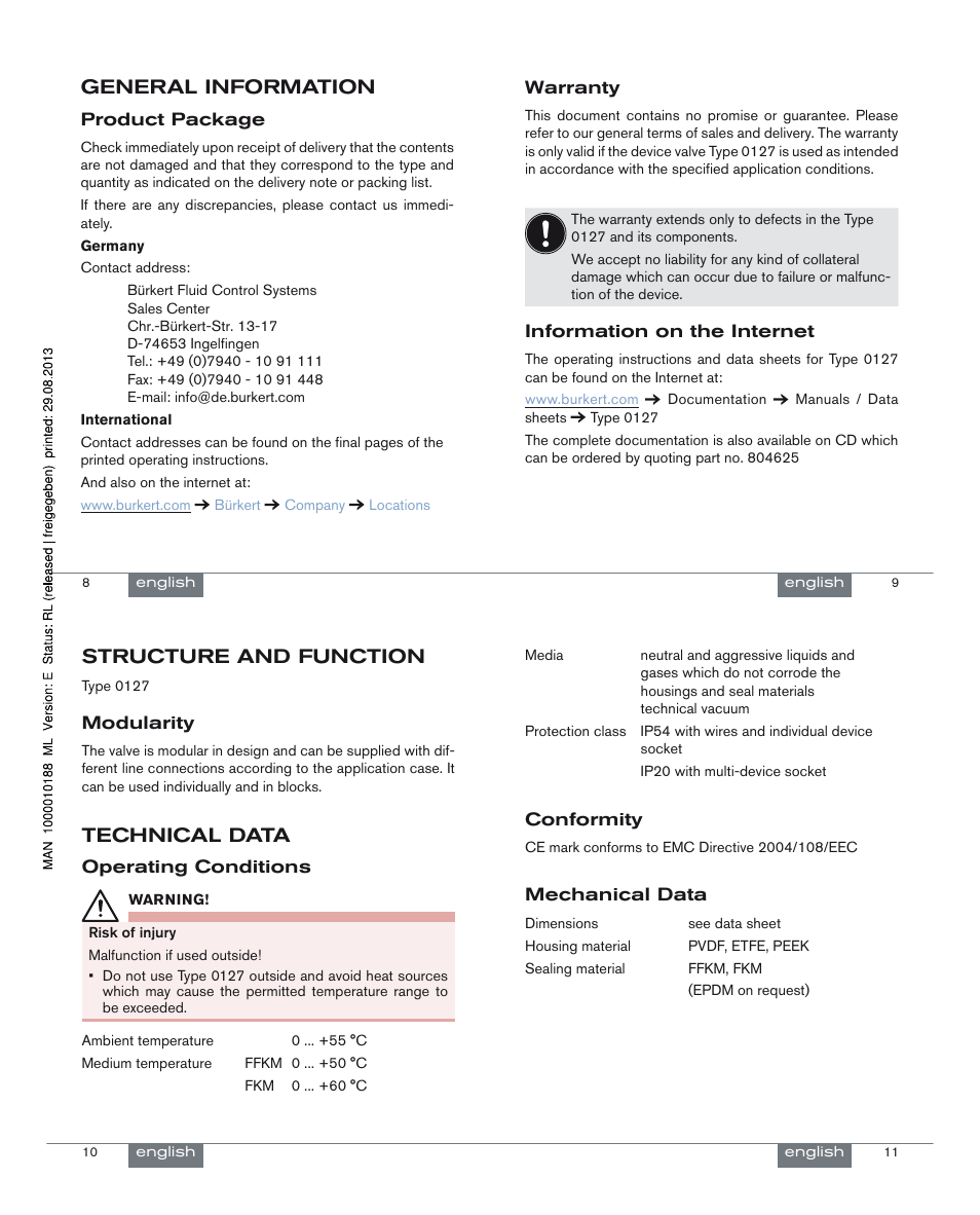 General information, Structure and function, Technical data | Burkert Type 0127 User Manual | Page 3 / 18