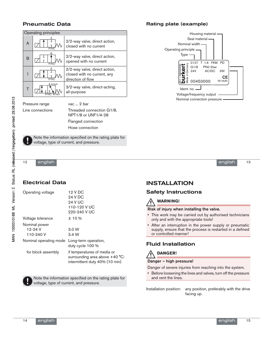 Installation, Pneumatic data, Electrical data | Safety instructions, Fluid installation | Burkert Type 0127 User Manual | Page 4 / 18