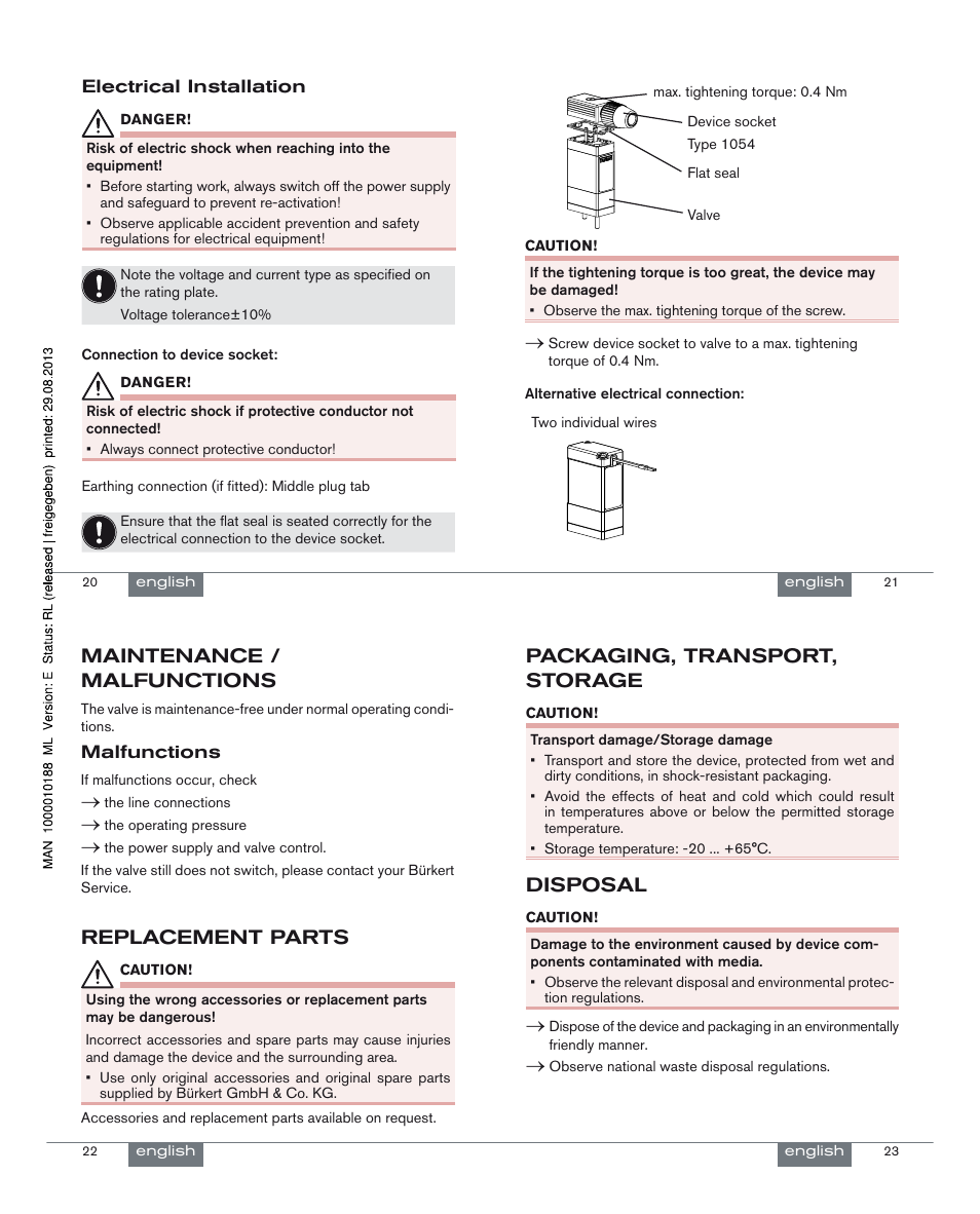 Maintenance / malfunctions, Replacement parts, Packaging, transport, storage | Disposal | Burkert Type 0127 User Manual | Page 6 / 18