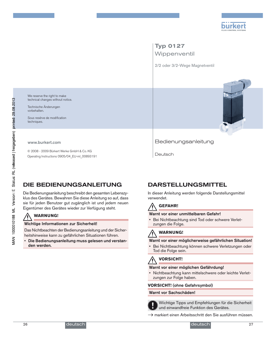 Typ 0127, Wippenventil, Die bedienungsanleitung | Darstellungsmittel | Burkert Type 0127 User Manual | Page 7 / 18