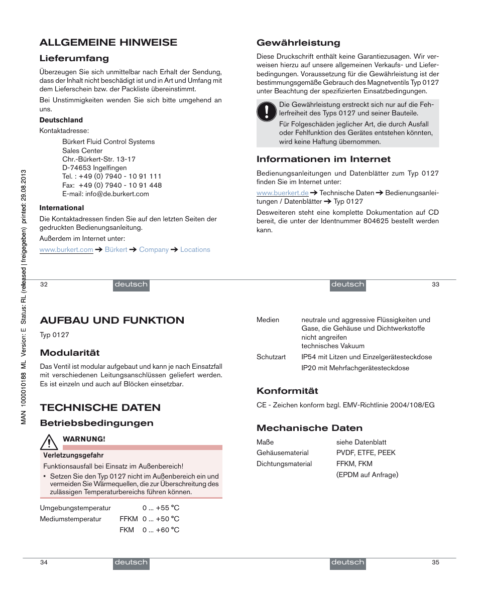 Allgemeine hinweise, Aufbau und funktion, Technische daten | Burkert Type 0127 User Manual | Page 9 / 18