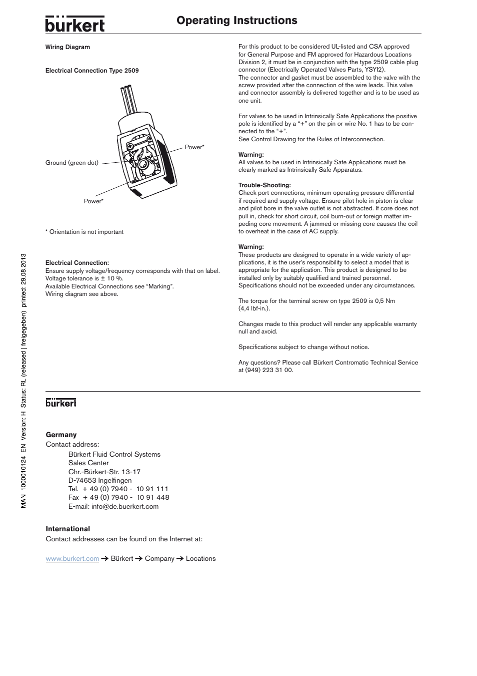 Operating instructions | Burkert Type 0212 User Manual | Page 2 / 2