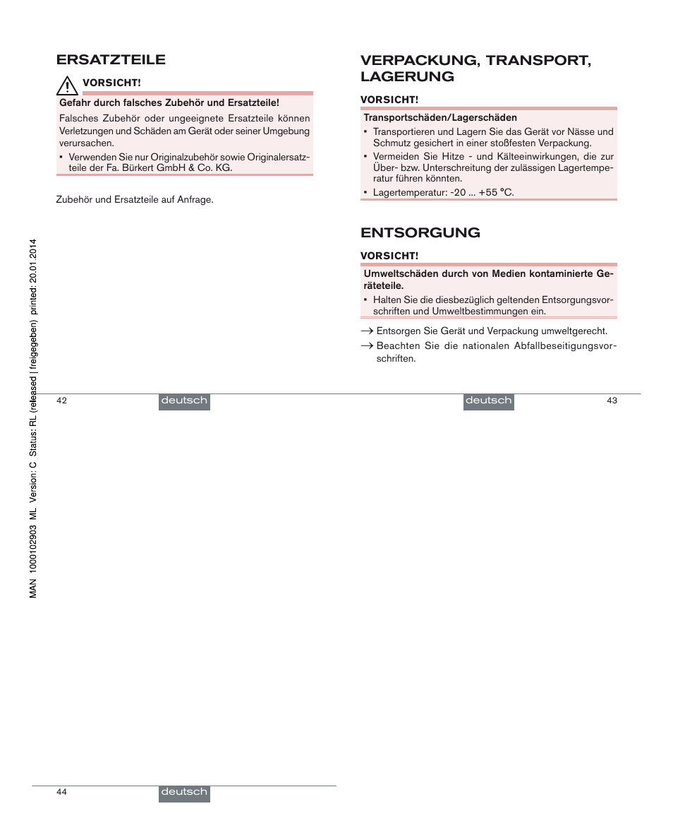 Ersatzteile, Verpackung, transport, lagerung, Entsorgung | Burkert Type 0212-B User Manual | Page 12 / 18