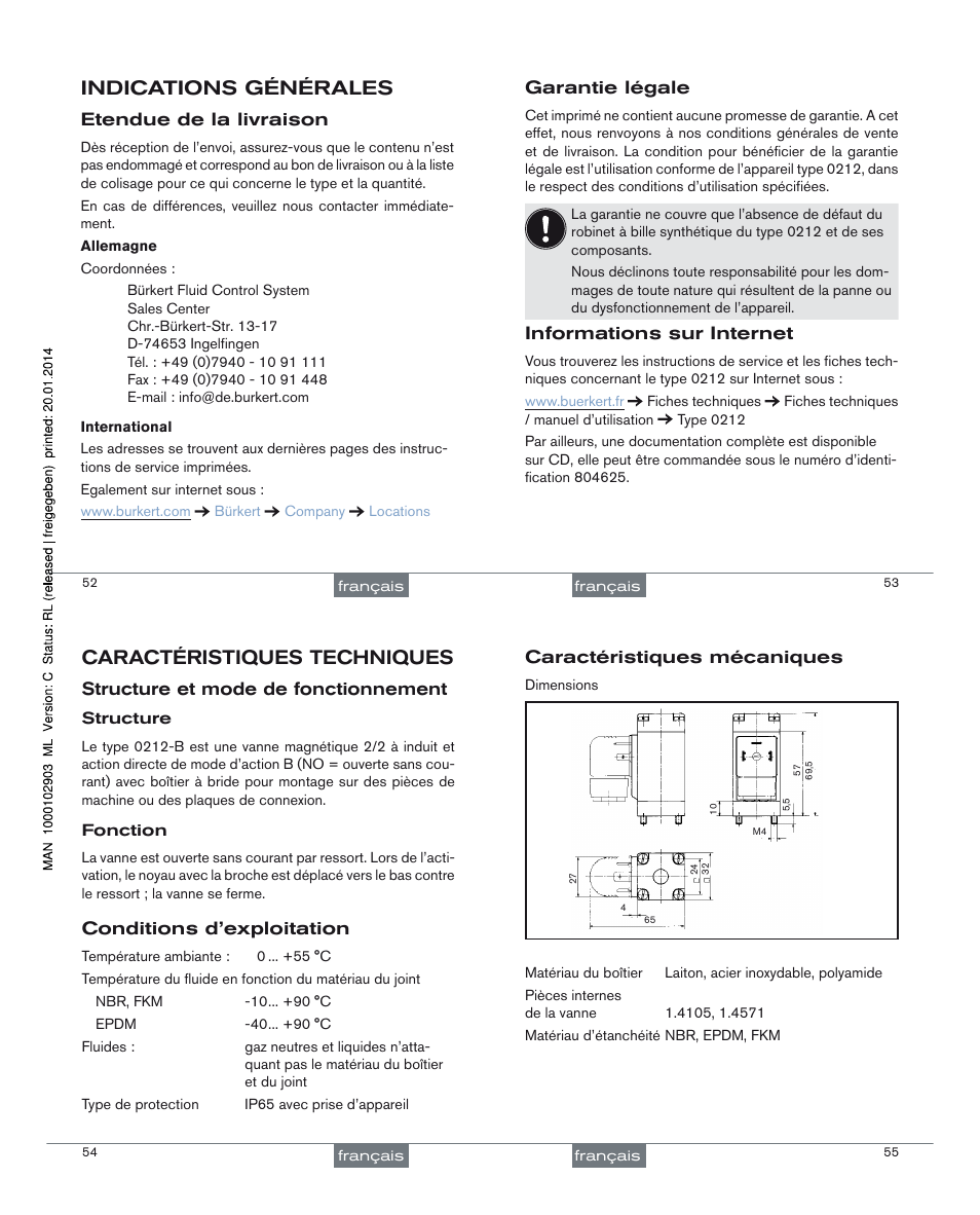 Indications générales, Caractéristiques techniques | Burkert Type 0212-B User Manual | Page 15 / 18