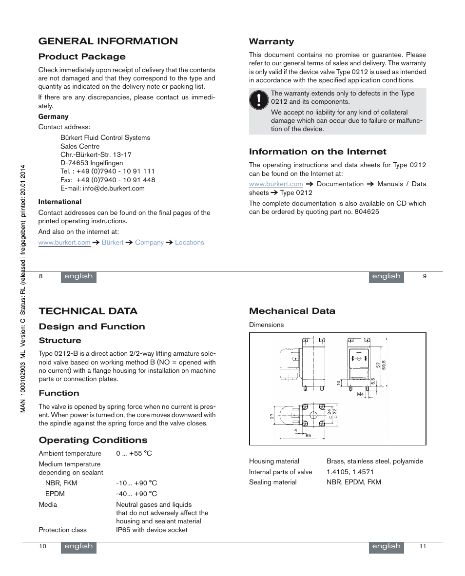 General information, Technical data | Burkert Type 0212-B User Manual | Page 3 / 18