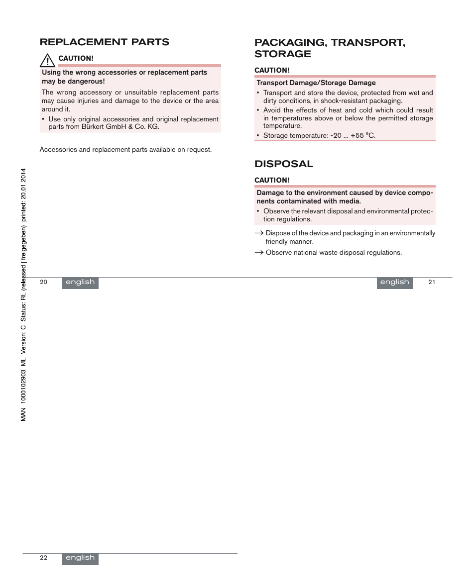 Replacement parts, Packaging, transport, storage, Disposal | Burkert Type 0212-B User Manual | Page 6 / 18