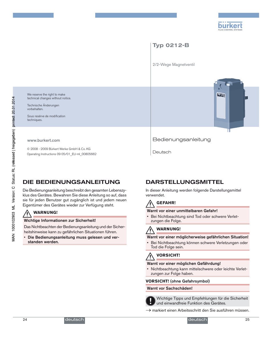 Typ 0212-b, Die bedienungsanleitung, Darstellungsmittel | Burkert Type 0212-B User Manual | Page 7 / 18
