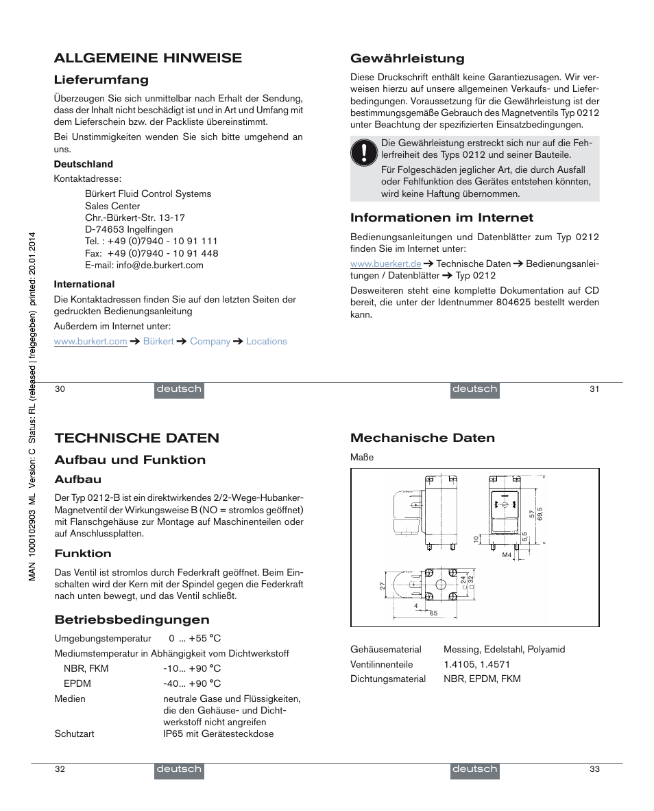 Allgemeine hinweise, Technische daten | Burkert Type 0212-B User Manual | Page 9 / 18