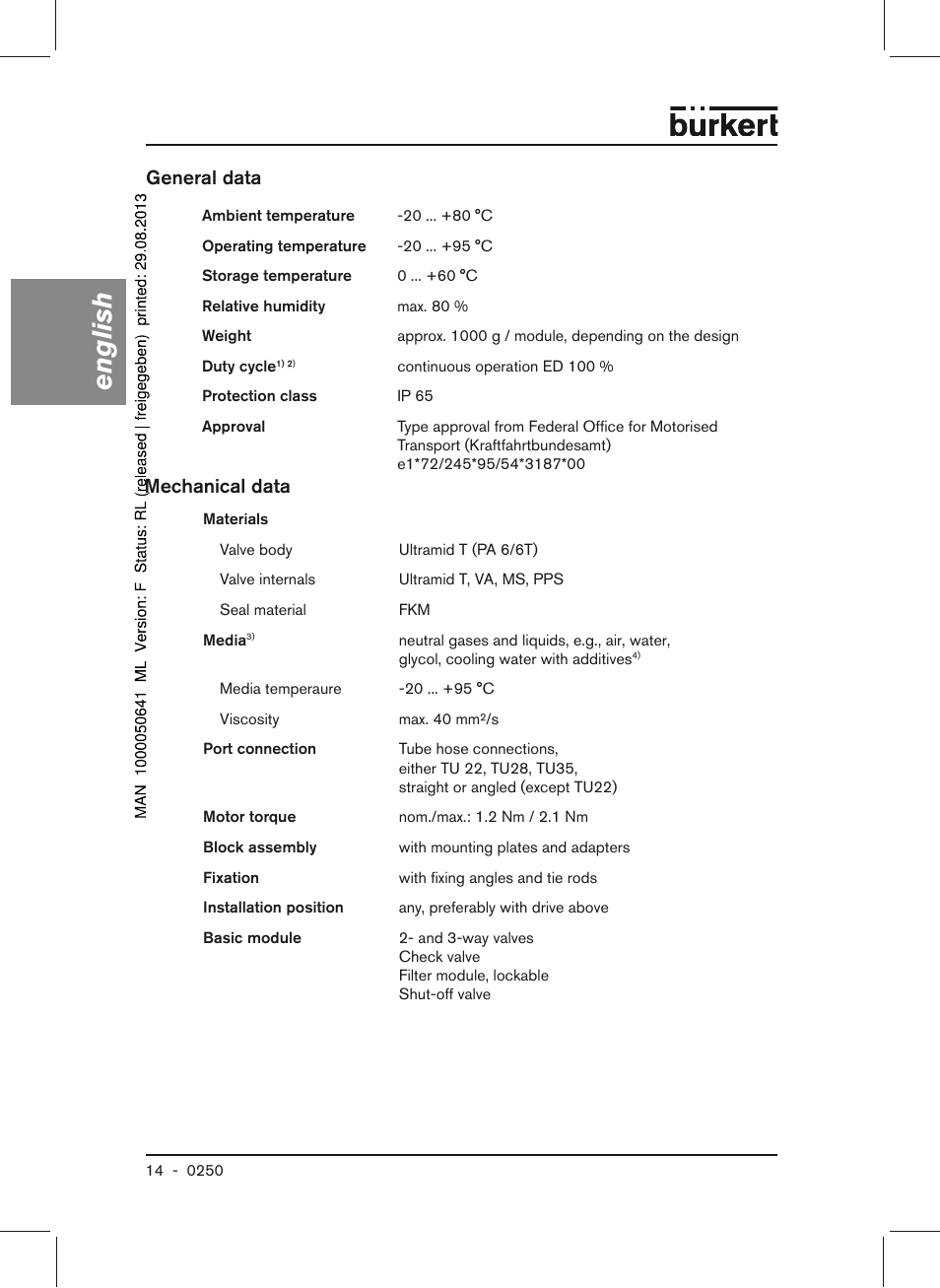 General data mechanical data, English, Mechanical data | General data | Burkert Type 0250 User Manual | Page 14 / 64