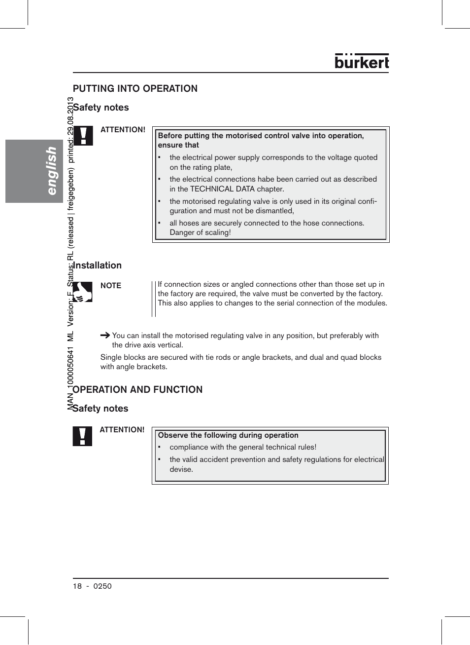 Putting into operation safety notes installation, Operation and function safety notes, English | Burkert Type 0250 User Manual | Page 18 / 64