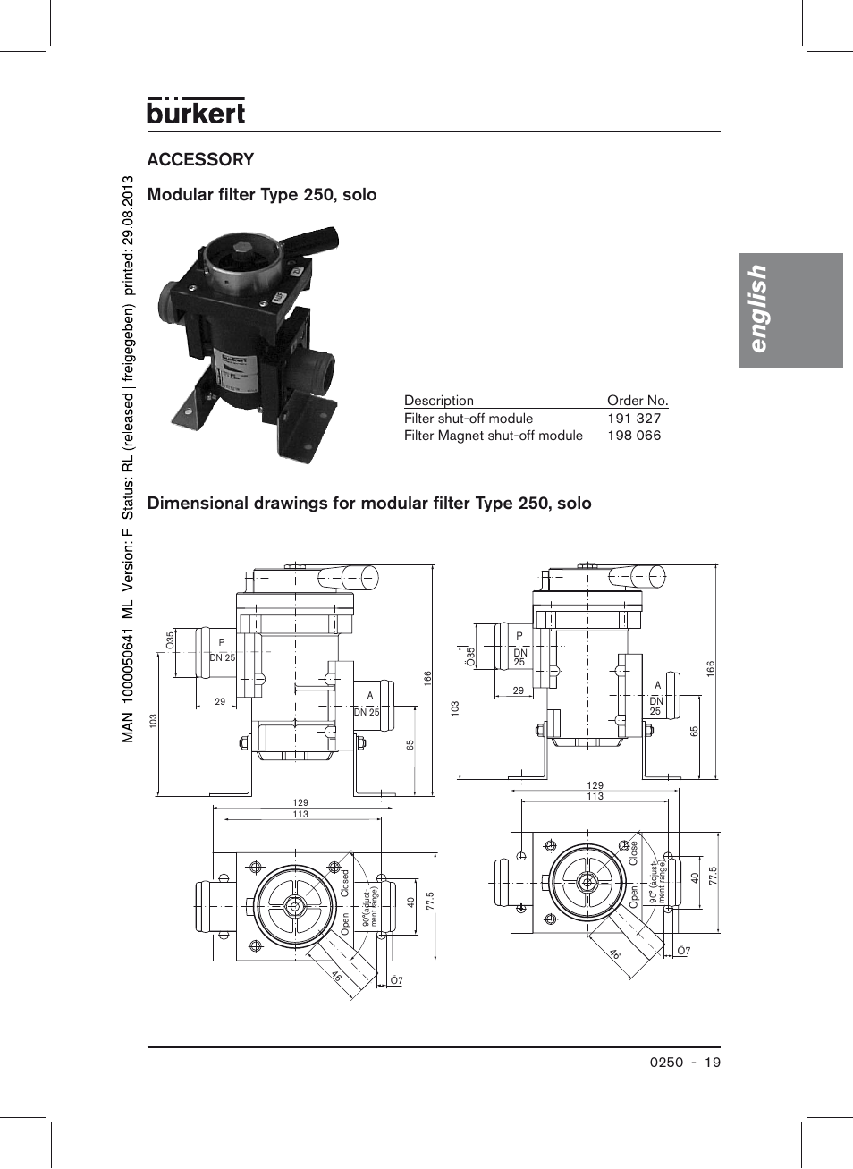English, Accessory modular filter type 250, solo | Burkert Type 0250 User Manual | Page 19 / 64