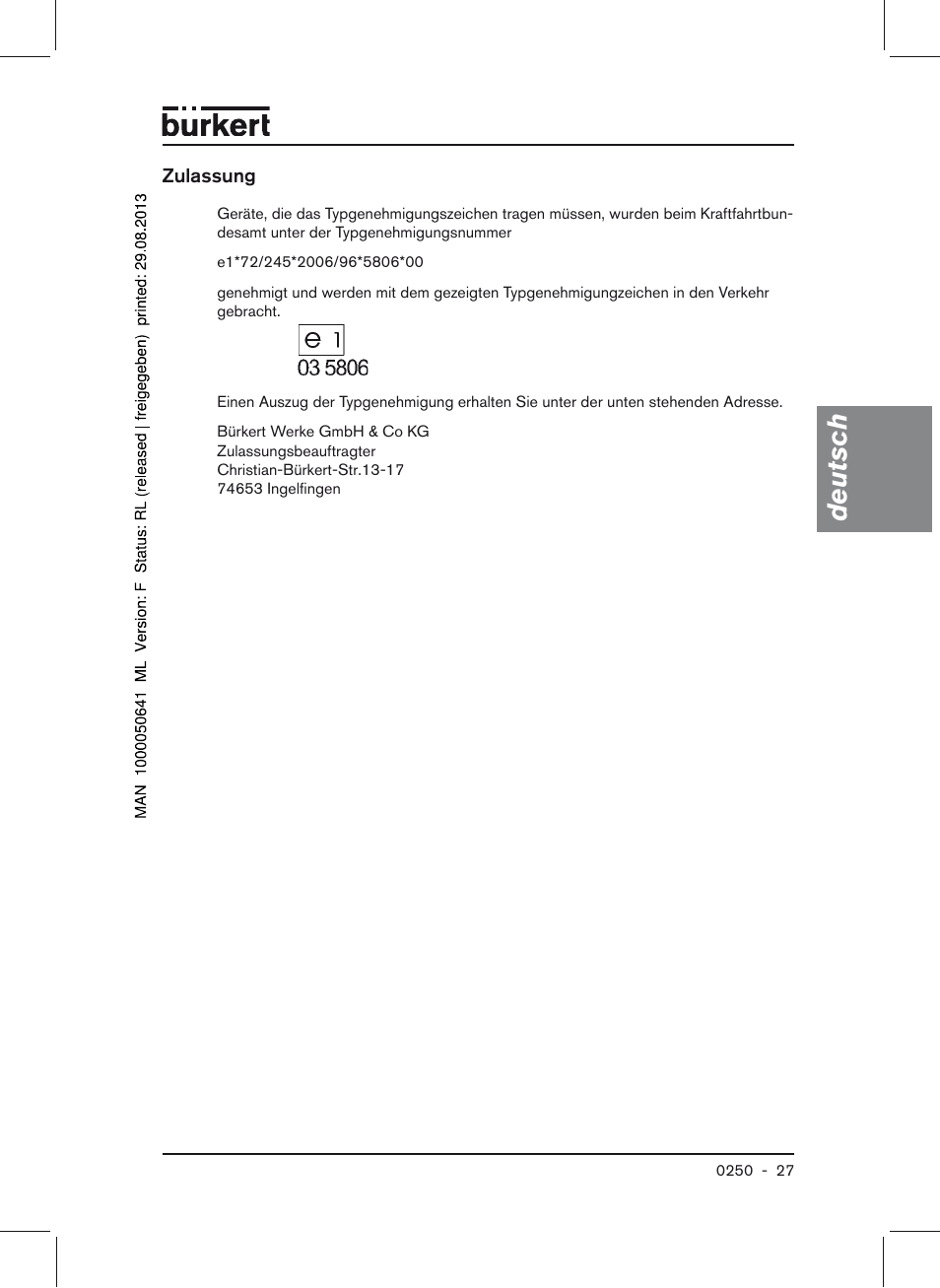 Zulassung, Deutsch | Burkert Type 0250 User Manual | Page 27 / 64