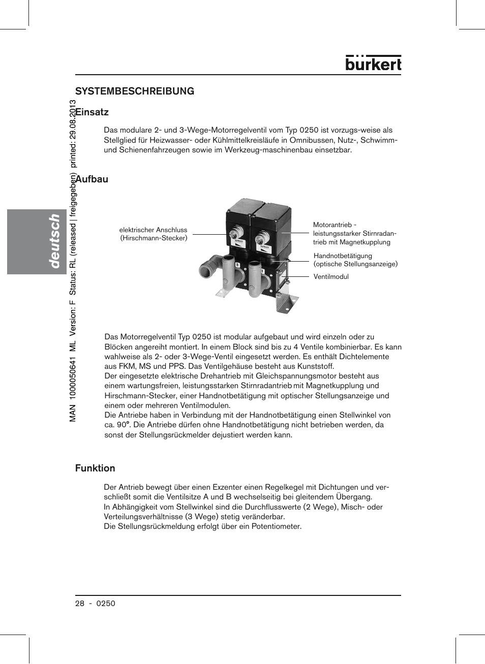 Systembeschreibung einsatz aufbau funktion, Deutsch | Burkert Type 0250 User Manual | Page 28 / 64
