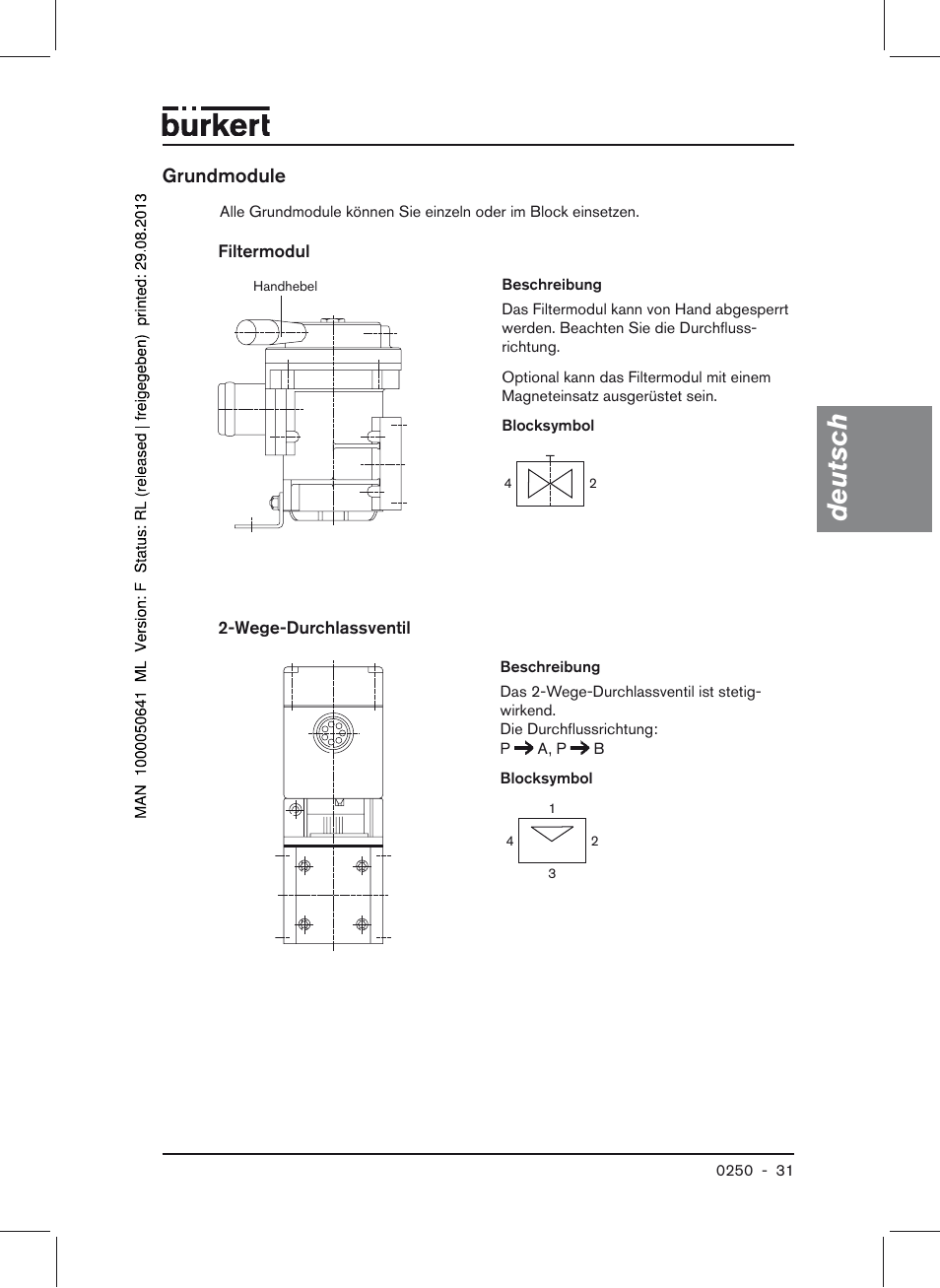 Grundmodule, Filtermodul, Wege-durchlassventil | Deutsch | Burkert Type 0250 User Manual | Page 31 / 64
