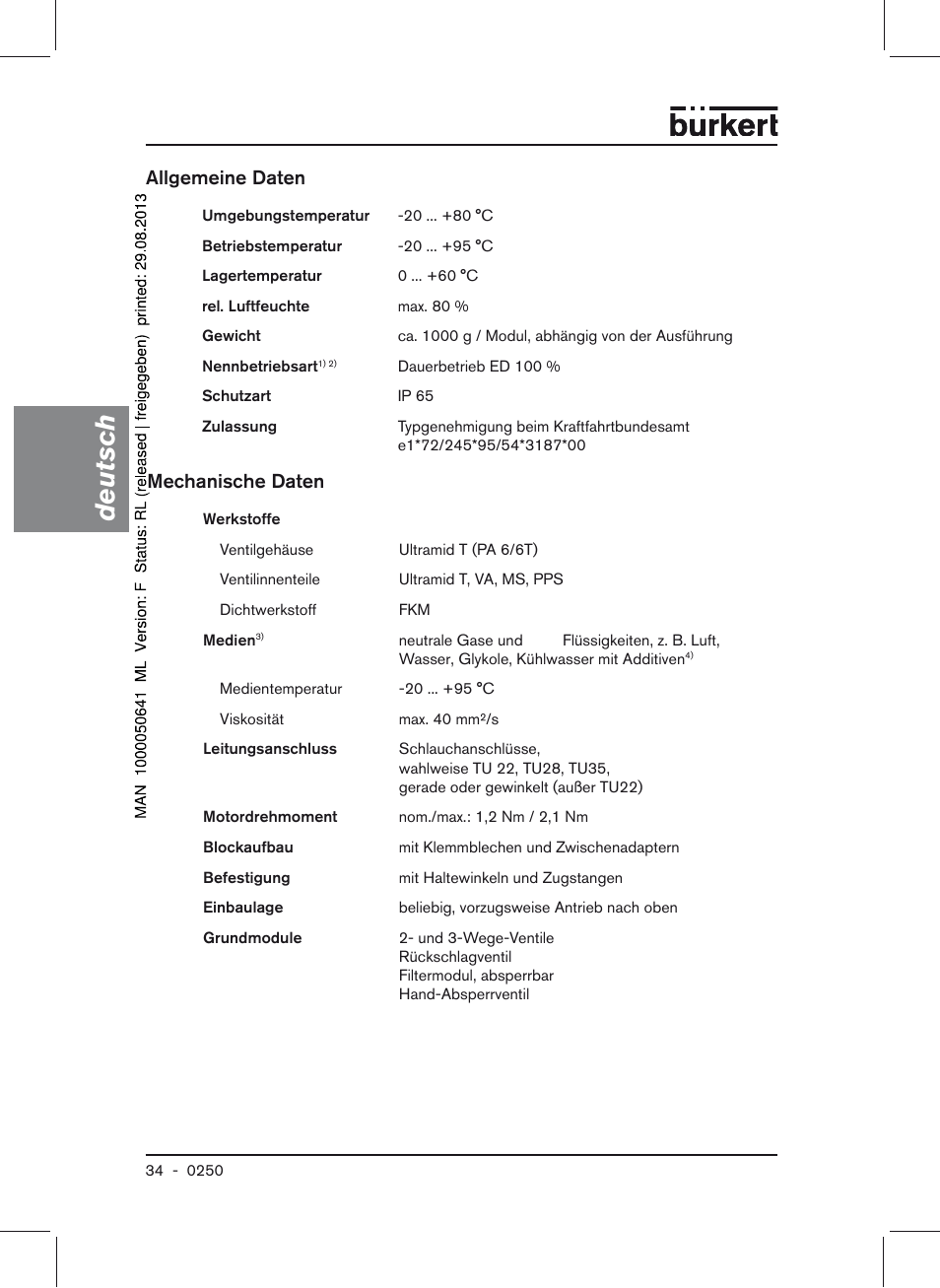 Allgemeine daten mechanische daten, Deutsch, Mechanische daten | Allgemeine daten | Burkert Type 0250 User Manual | Page 34 / 64